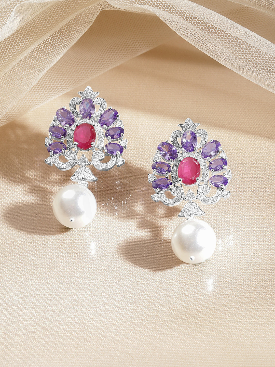 Crystal Bloom Pearl Drop Earrings Length - 5 cm