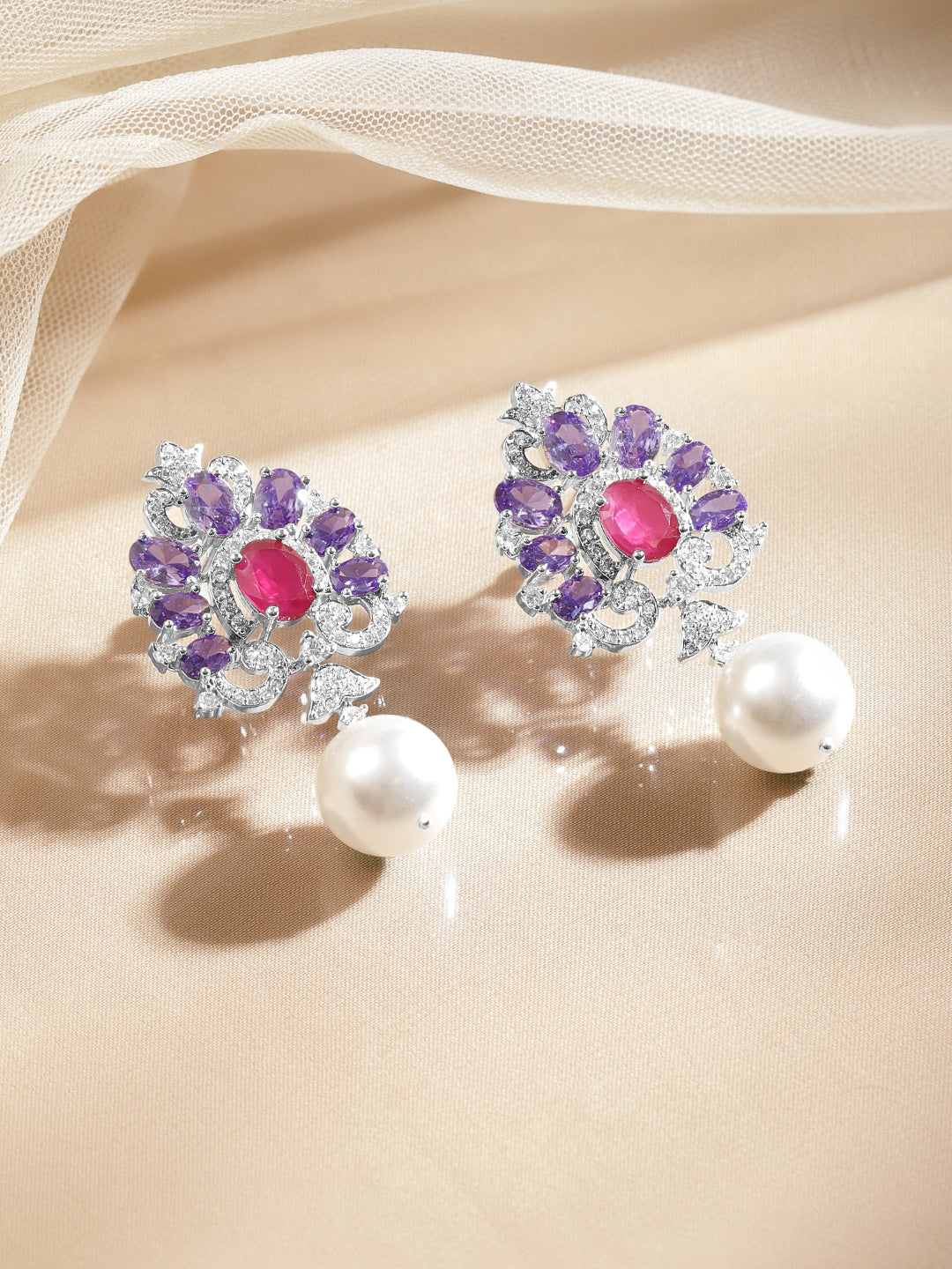 Crystal Bloom Pearl Drop Earrings Length - 5 cm