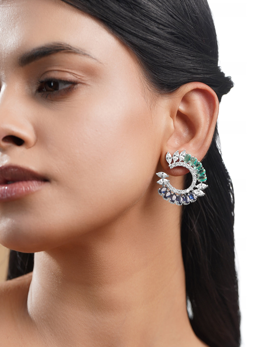 Blue Green Crescent Crystal Studs フリーサイズ