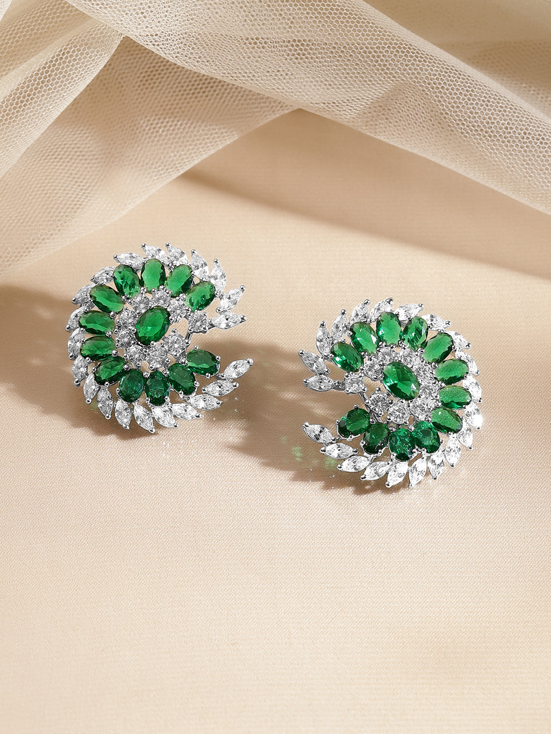 Emerald Diamond Floral Statement Stud Earrings フリーサイズ