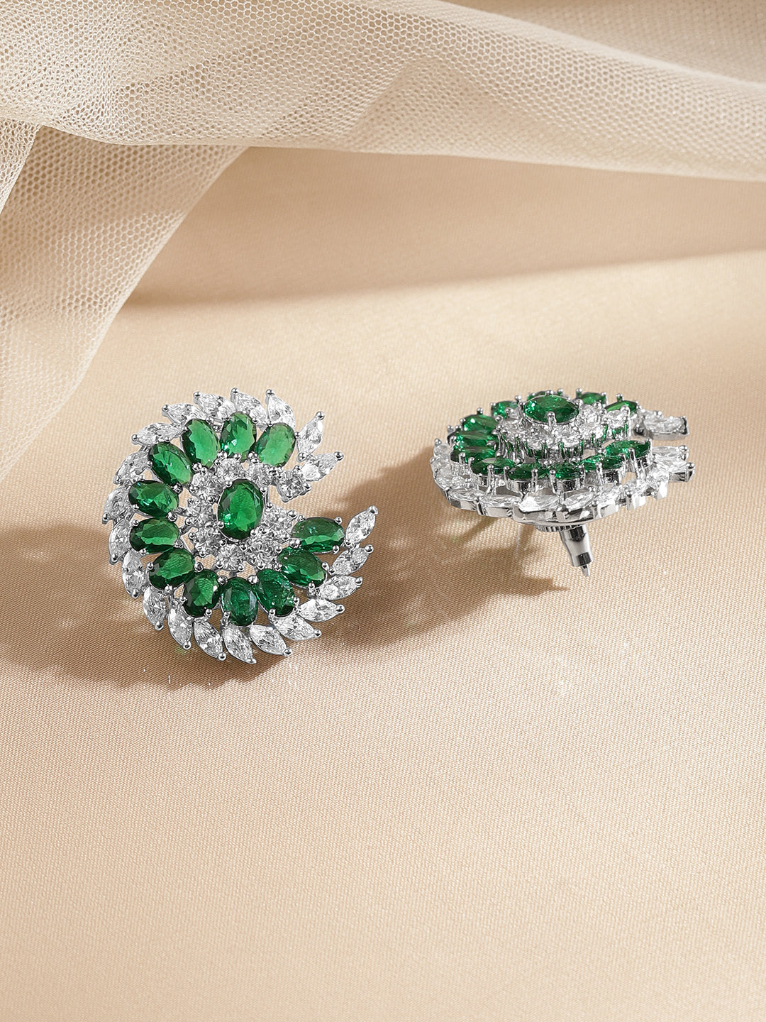 Emerald Diamond Floral Statement Stud Earrings フリーサイズ