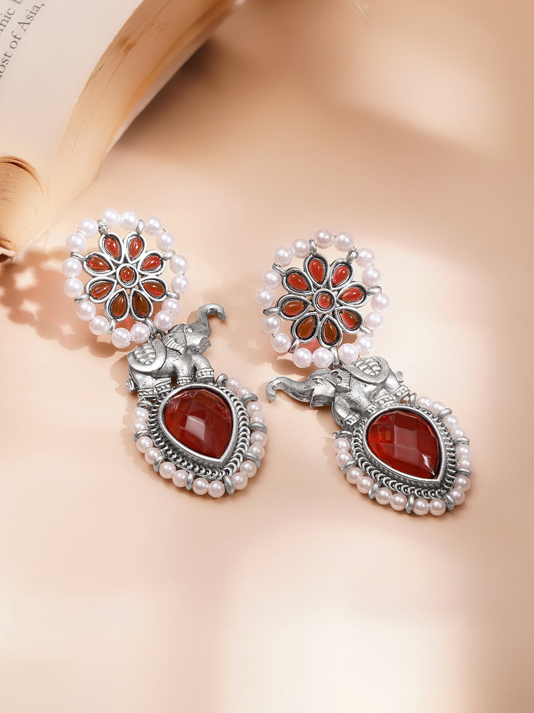 Vintage Ruby Pearl Statement Earrings フリーサイズ