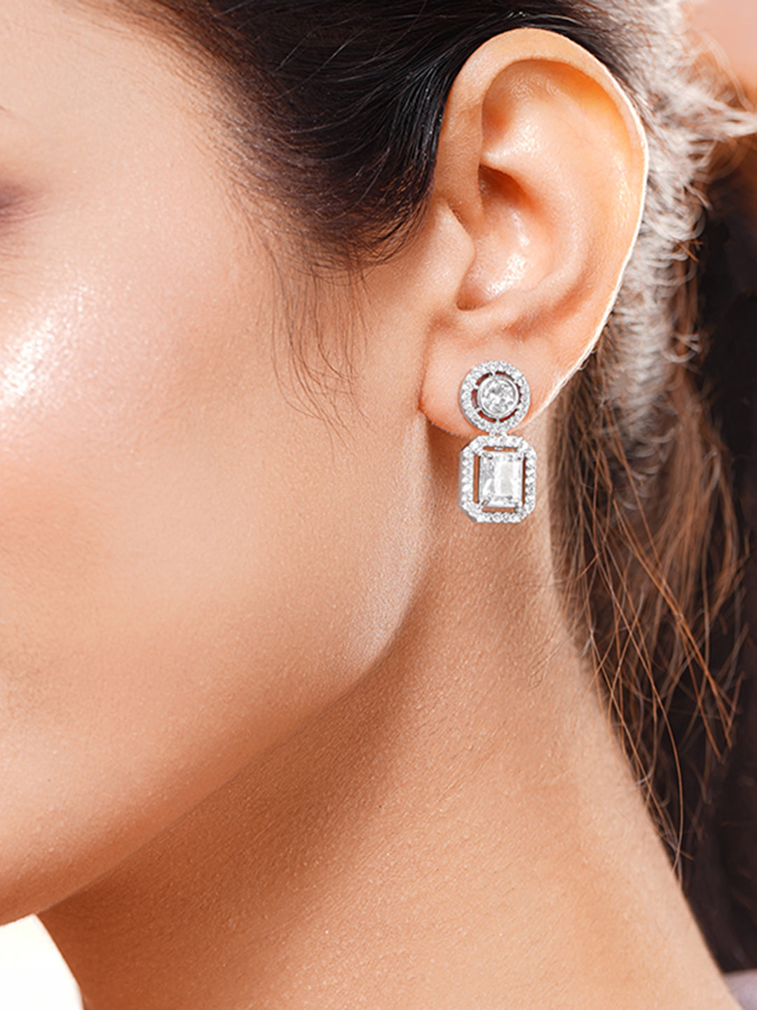 【Rubans】Rhodium Plated Regal Halo Sparkle Octagon Drop Earrings｜ロジウムメッキ リーガルヘイロー スパークル オクタゴン ドロップピアス
