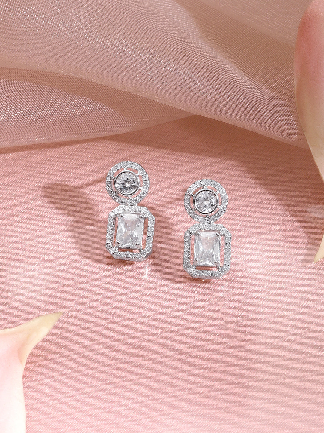 【Rubans】Rhodium Plated Regal Halo Sparkle Octagon Drop Earrings｜ロジウムメッキ リーガルヘイロー スパークル オクタゴン ドロップピアス