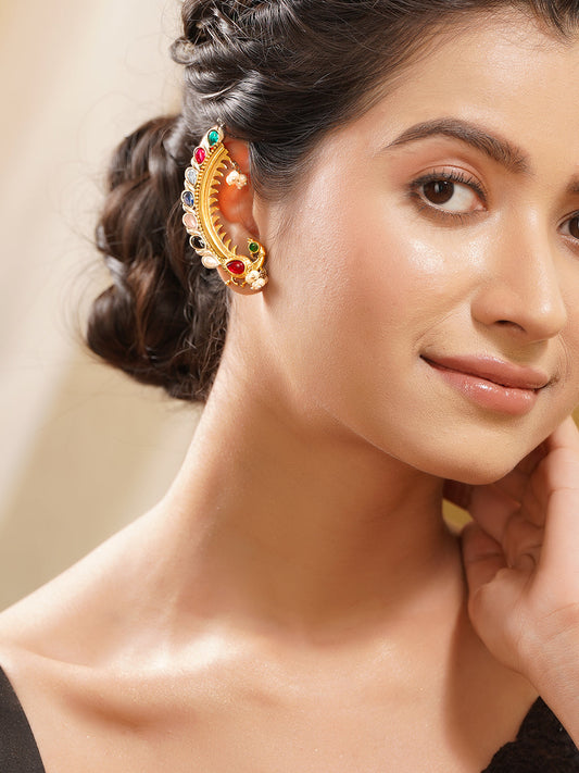 Gold Plated Brass Multicolour Kundan Pearl Dual Tone Ear Cuff Earrings フリーサイズ