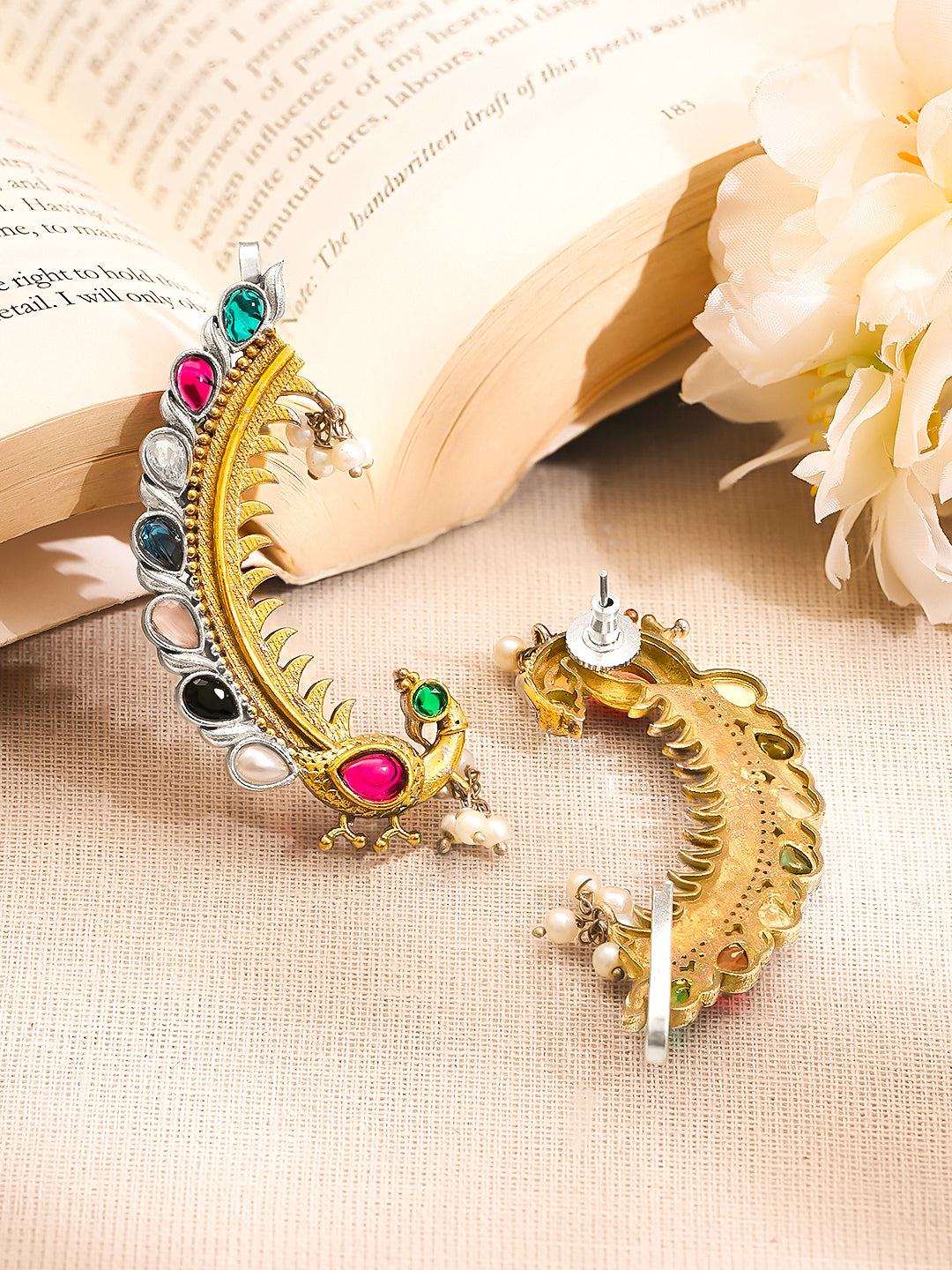 Gold Plated Brass Multicolour Kundan Pearl Dual Tone Ear Cuff Earrings フリーサイズ