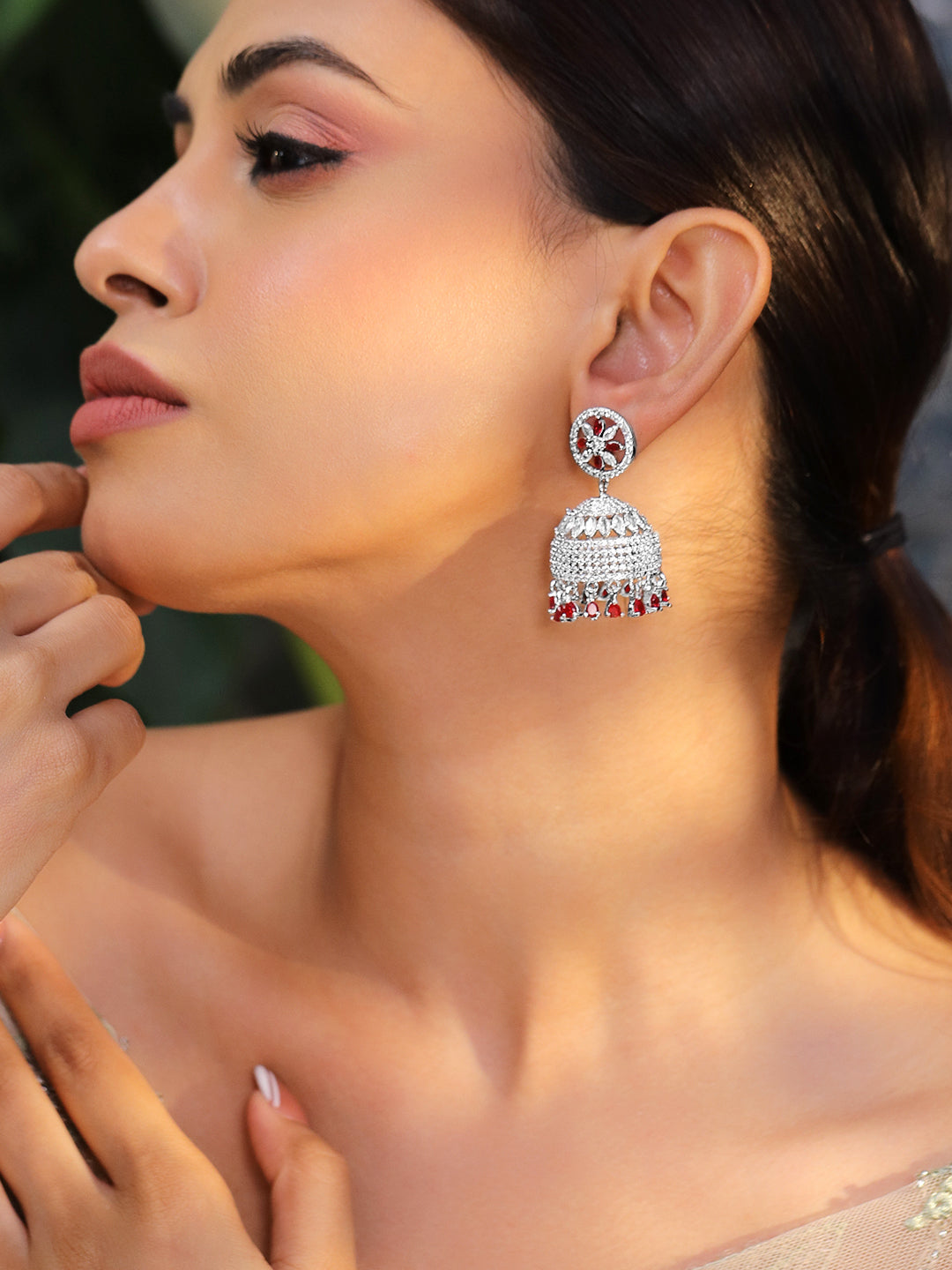 Ruby-Tipped Festive Jhumka Earrings フリーサイズ