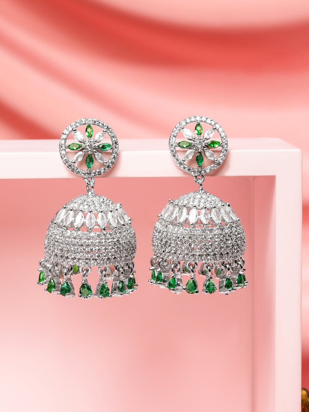 Festive Glow Green American Diamond Zirconia Jhumka フリーサイズ
