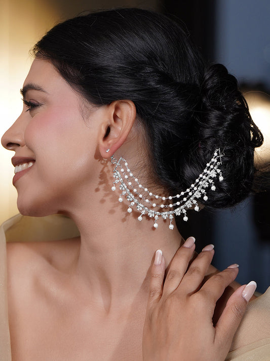 Rubans Rhodium Plated Brass CZ Studded Pearl Multilayer Ear Kaan Chain Earring フリーサイズ