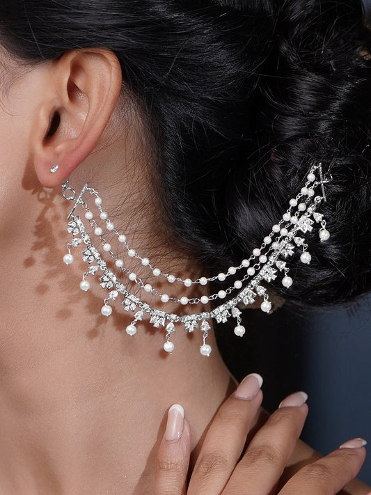 Rubans Rhodium Plated Brass CZ Studded Pearl Multilayer Ear Kaan Chain Earring フリーサイズ