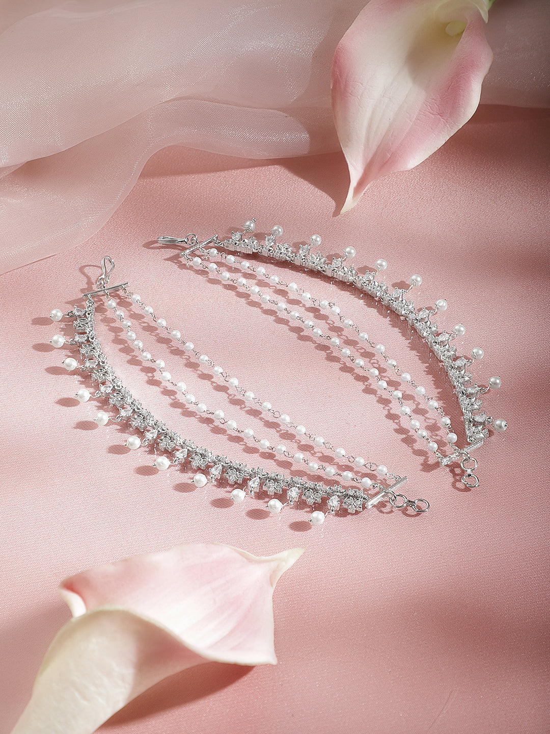 Rubans Rhodium Plated Brass CZ Studded Pearl Multilayer Ear Kaan Chain Earring フリーサイズ