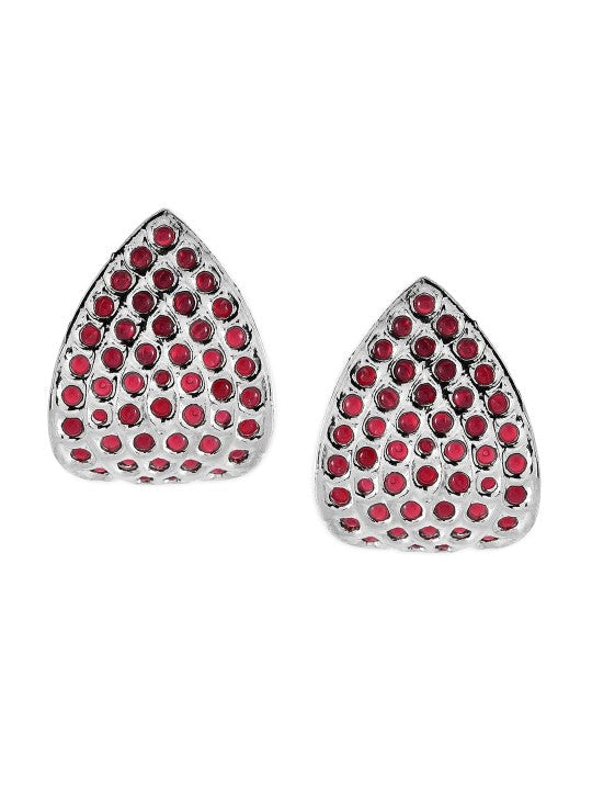 Teardrop Motif Oxidised Red Stud Earrings Silver