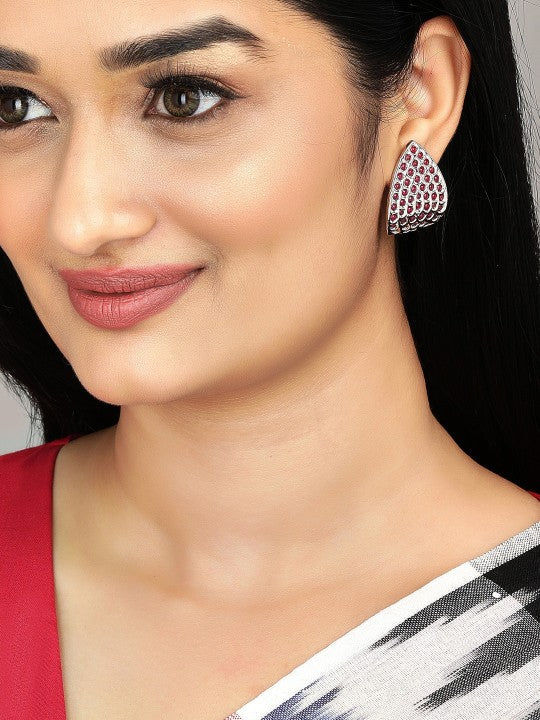 Teardrop Motif Oxidised Red Stud Earrings Silver