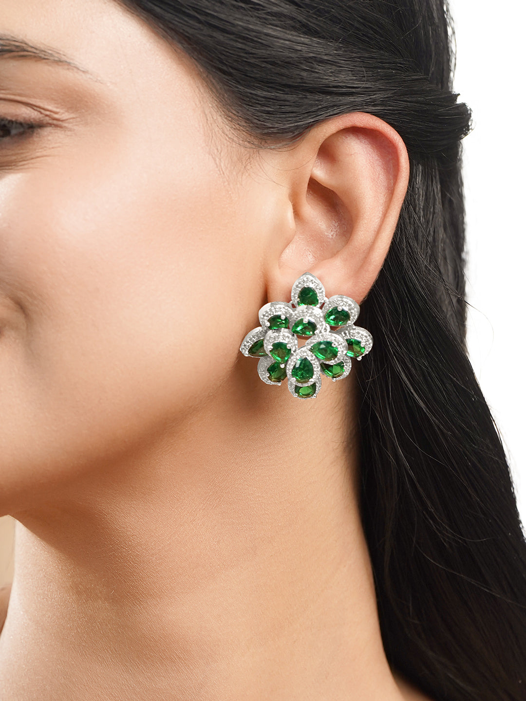 Emerald Crystal Floral Studs Length - 3.5 cm