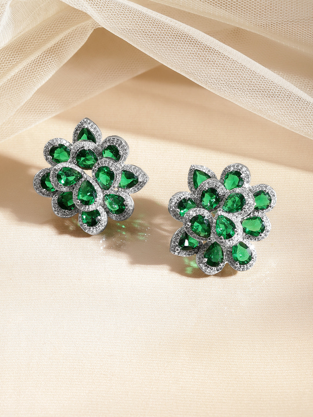Emerald Crystal Floral Studs Length - 3.5 cm