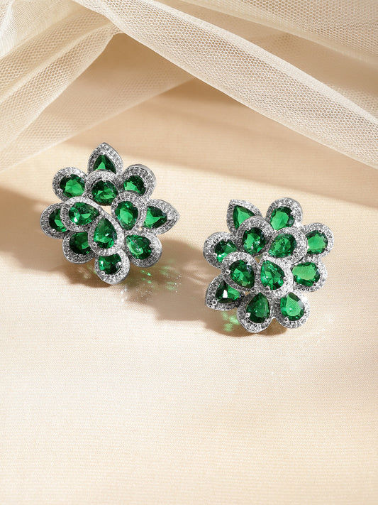 Emerald Crystal Floral Studs Length - 3.5 cm