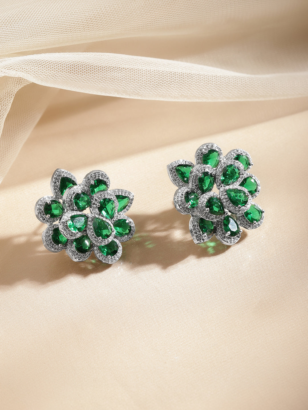 Emerald Crystal Floral Studs Length - 3.5 cm