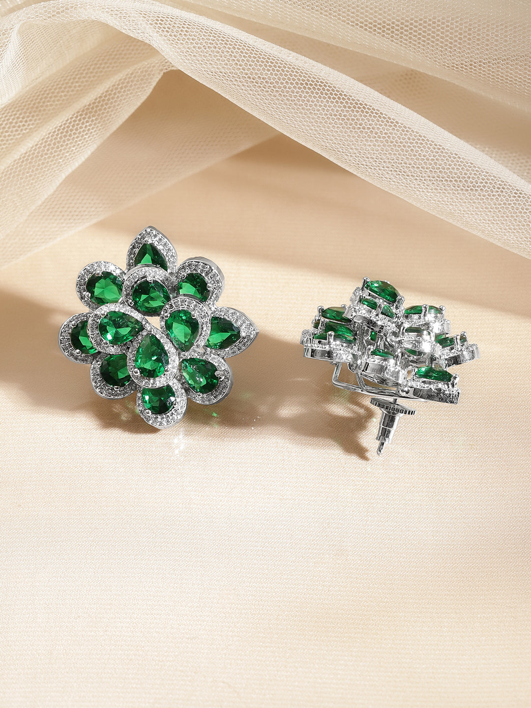 Emerald Crystal Floral Studs Length - 3.5 cm