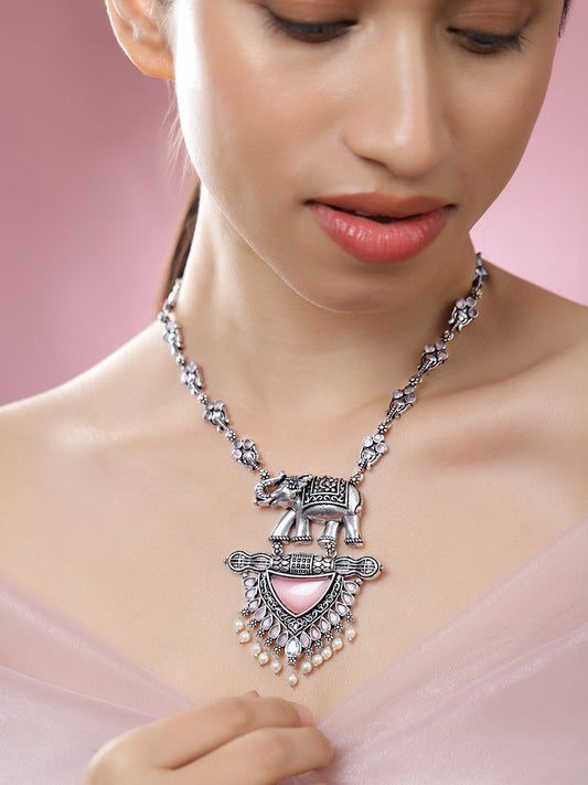 Antique Elephant Motif with Pearl Beads Statement Necklace フリーサイズ