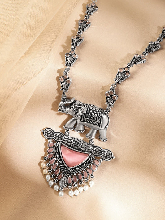 Antique Elephant Motif with Pearl Beads Statement Necklace フリーサイズ