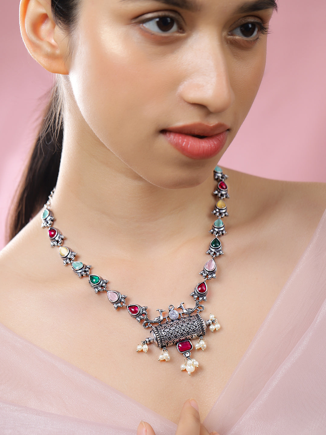 Oxidised Peacock Motif Multicolor Pearl Drop Necklace フリーサイズ
