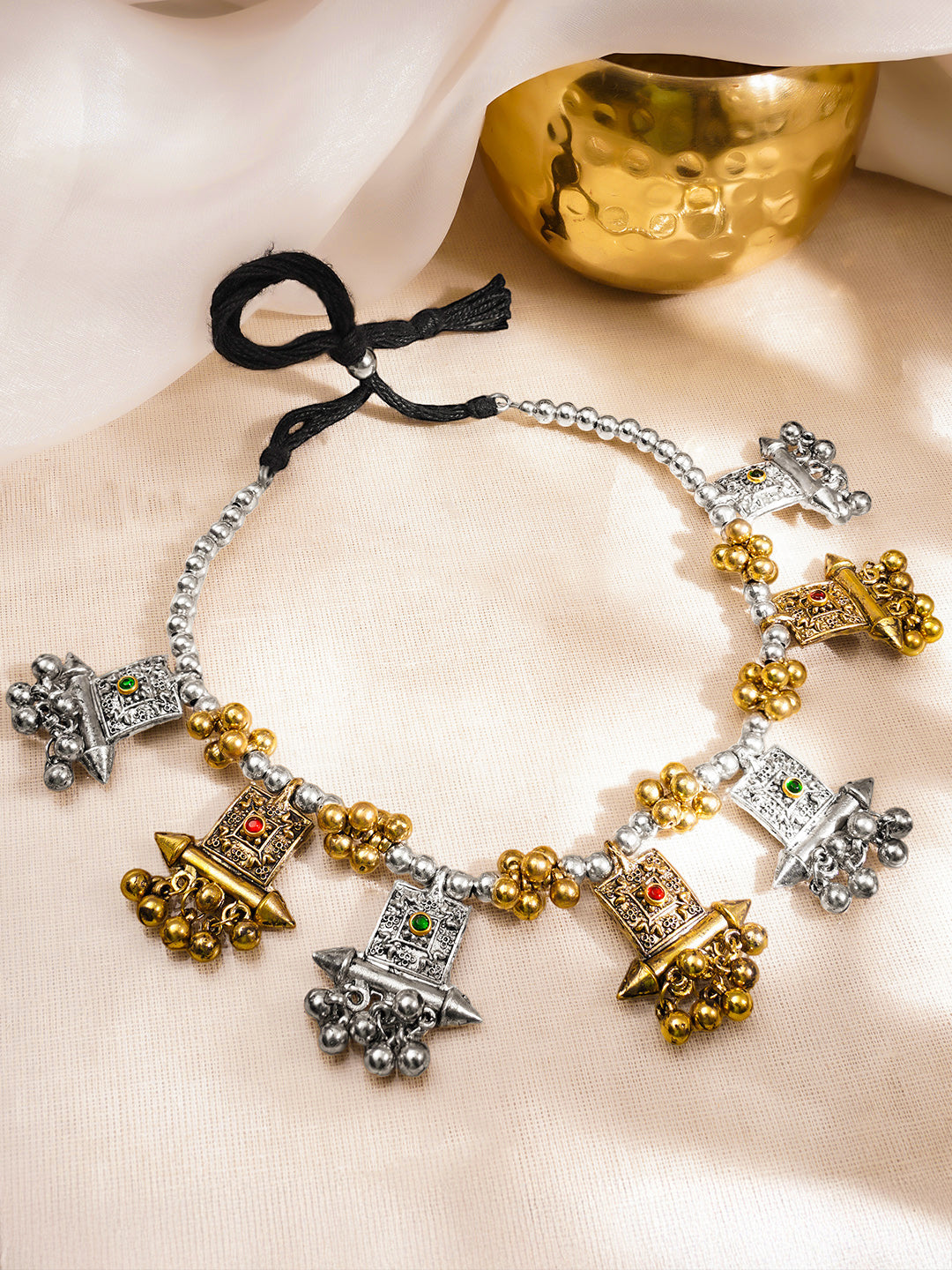 Metallic Beaded Oxidised Statement Necklace フリーサイズ