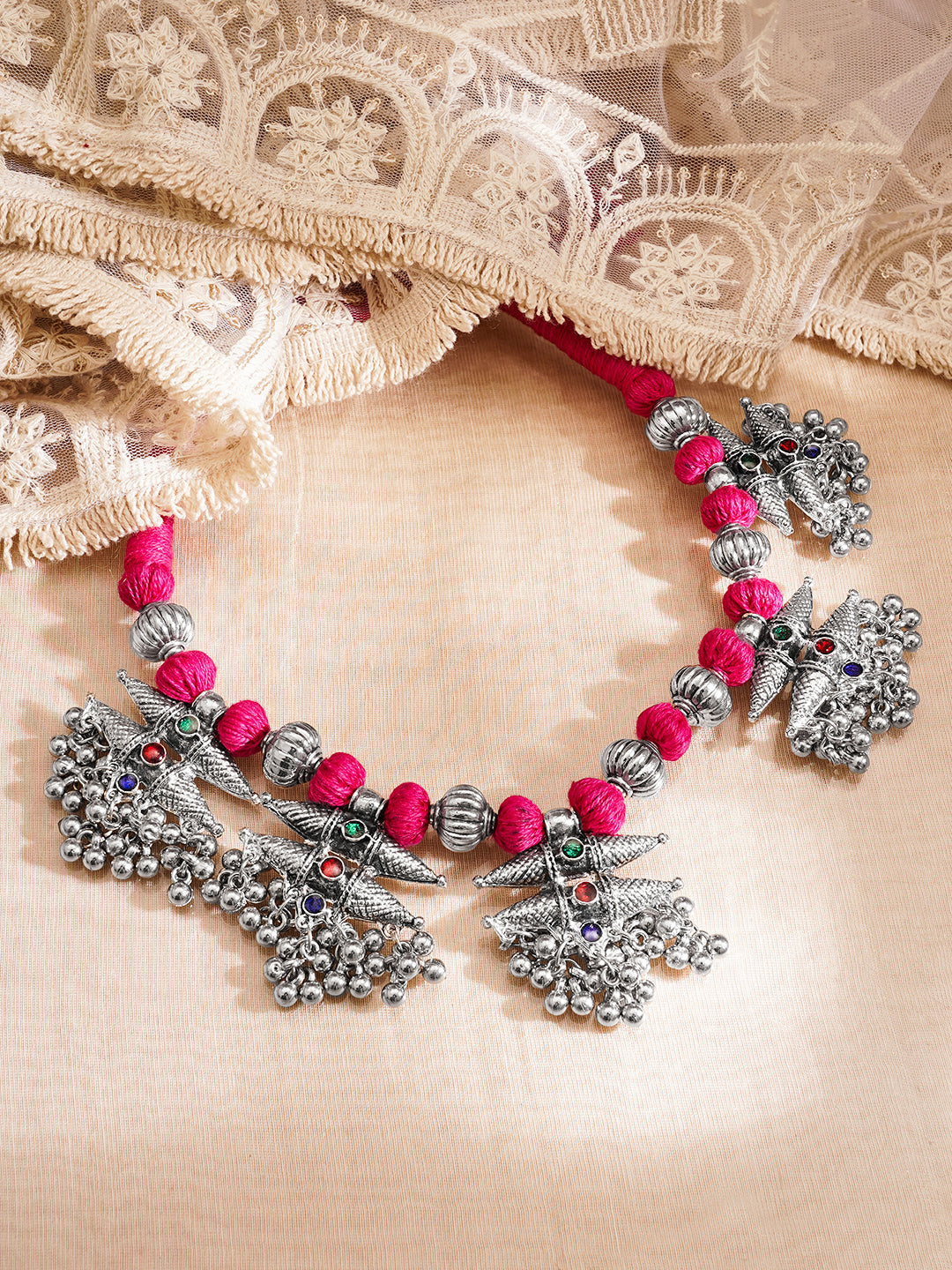 Oxidised Silver Tone Pink Thread Tribal Charm Statement Necklace フリーサイズ