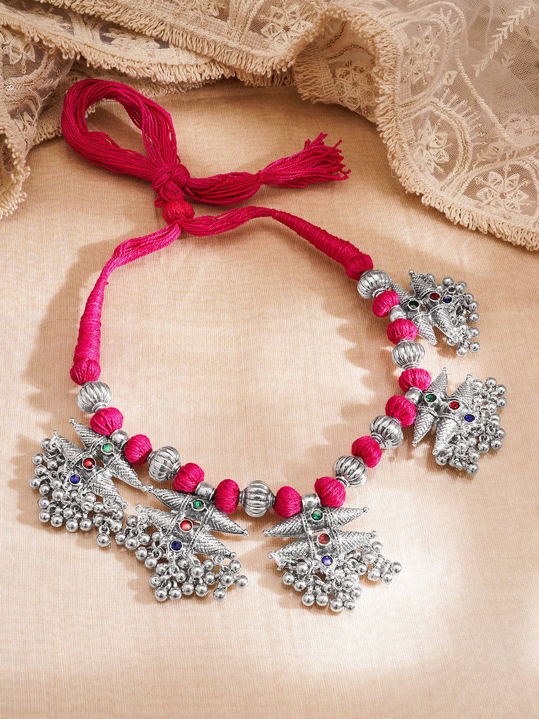Oxidised Silver Tone Pink Thread Tribal Charm Statement Necklace フリーサイズ