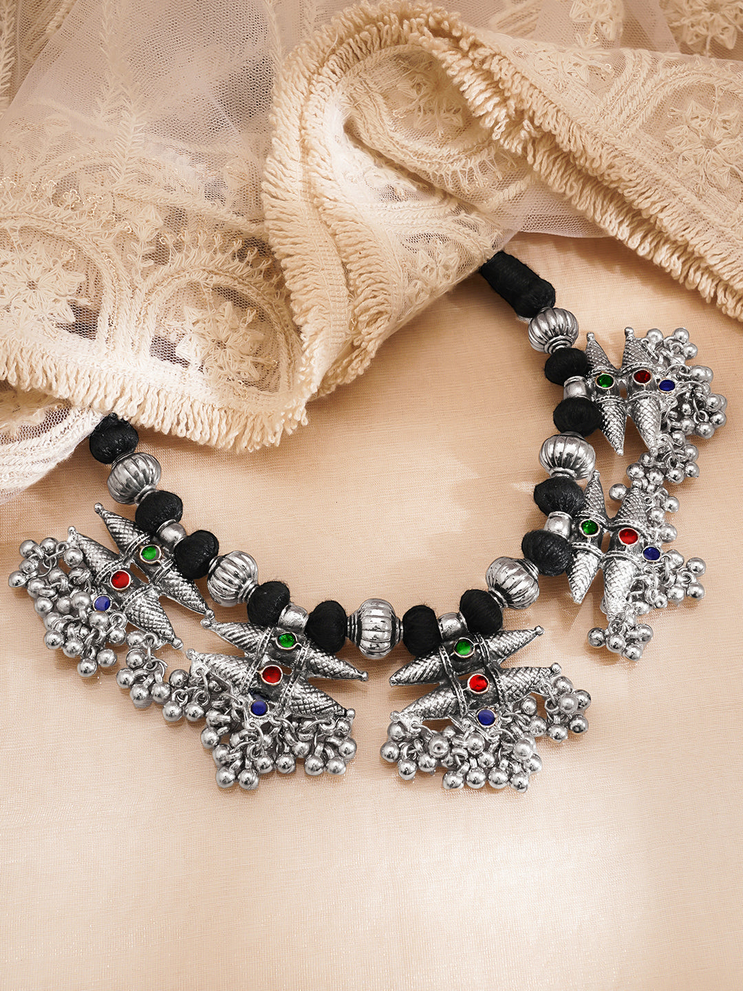 Oxidised Silver Tone Black Thread Tribal Charm Statement Necklace フリーサイズ