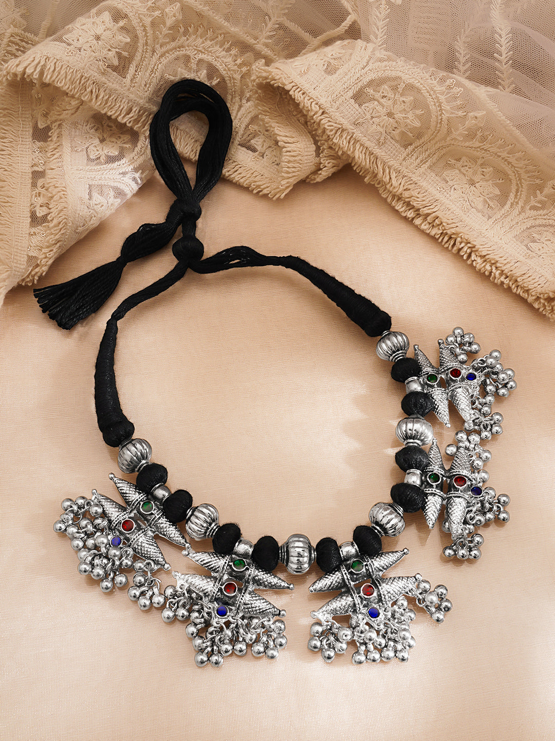Oxidised Silver Tone Black Thread Tribal Charm Statement Necklace フリーサイズ