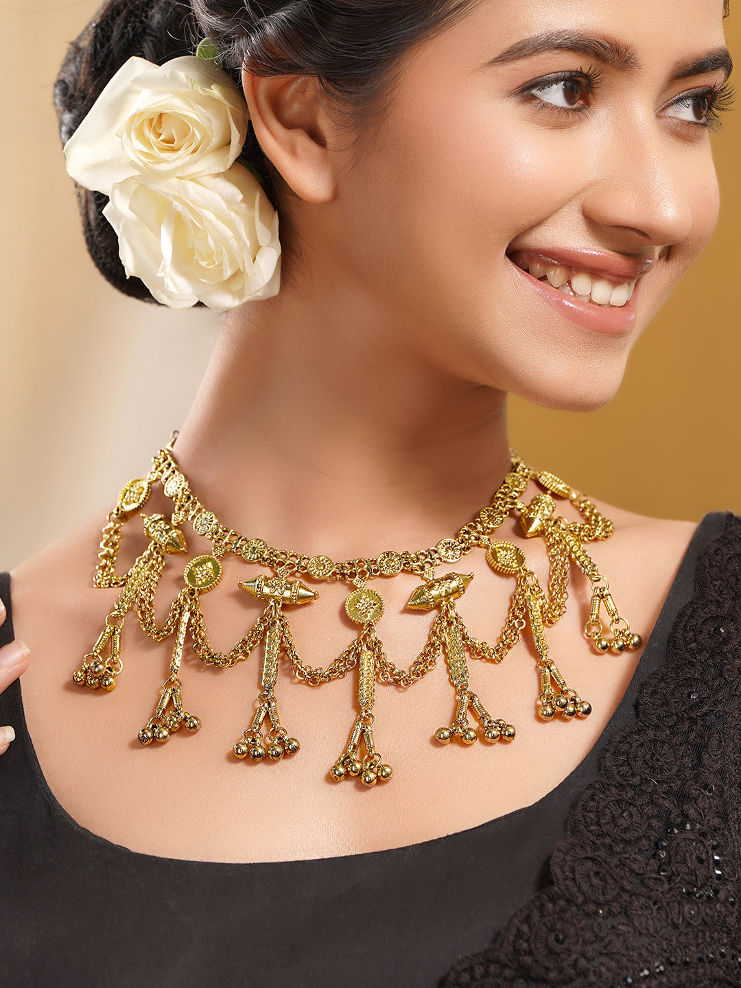 Oxidised Gold Tone Black Thread Tribal Chain Statement Necklace フリーサイズ