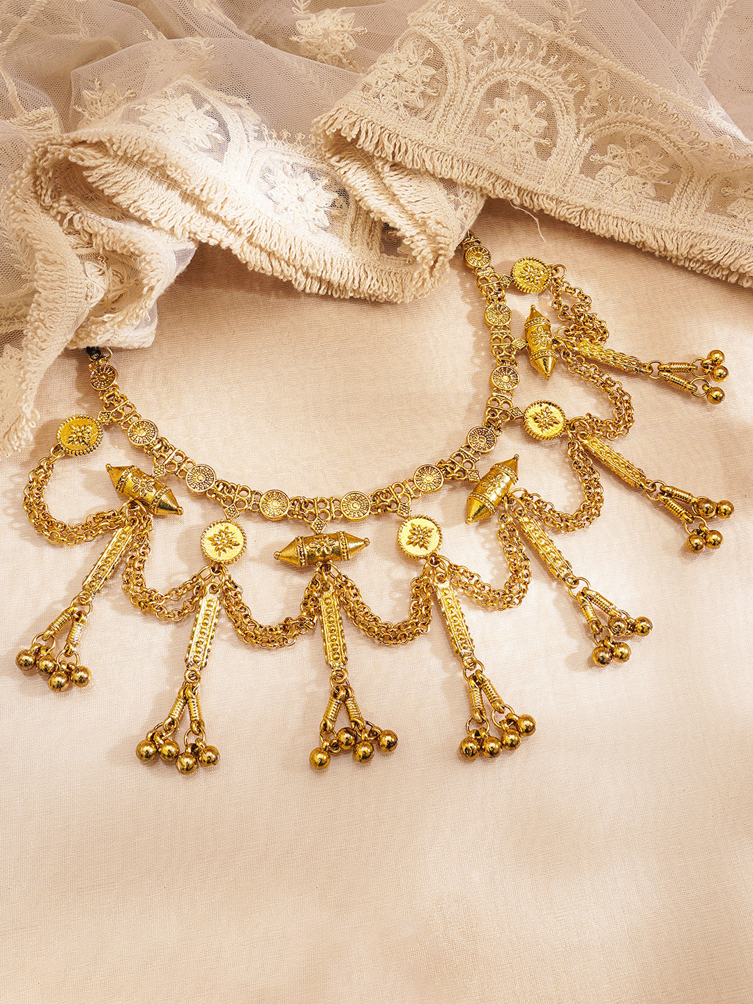 Oxidised Gold Tone Black Thread Tribal Chain Statement Necklace フリーサイズ