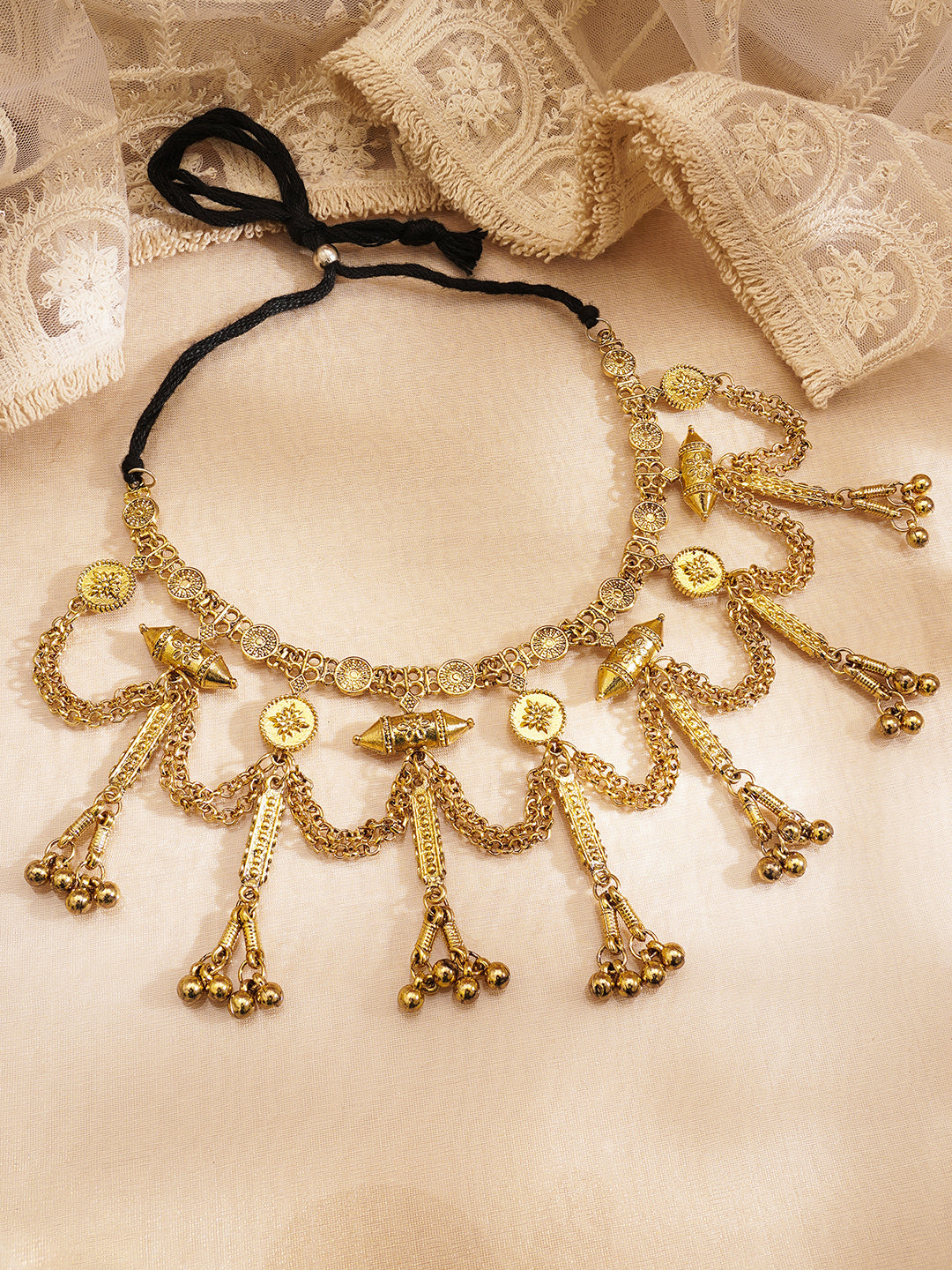 Oxidised Gold Tone Black Thread Tribal Chain Statement Necklace フリーサイズ