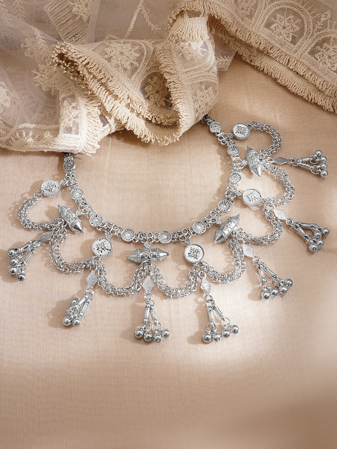 Oxidised Silver Tone Black Thread Tribal Chain Statement Necklace フリーサイズ