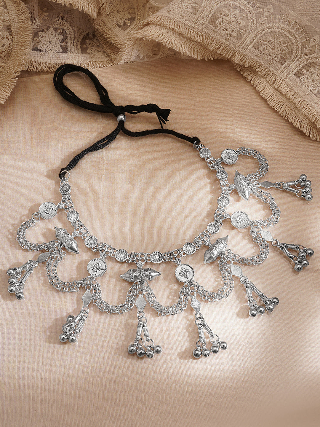 Oxidised Silver Tone Black Thread Tribal Chain Statement Necklace フリーサイズ