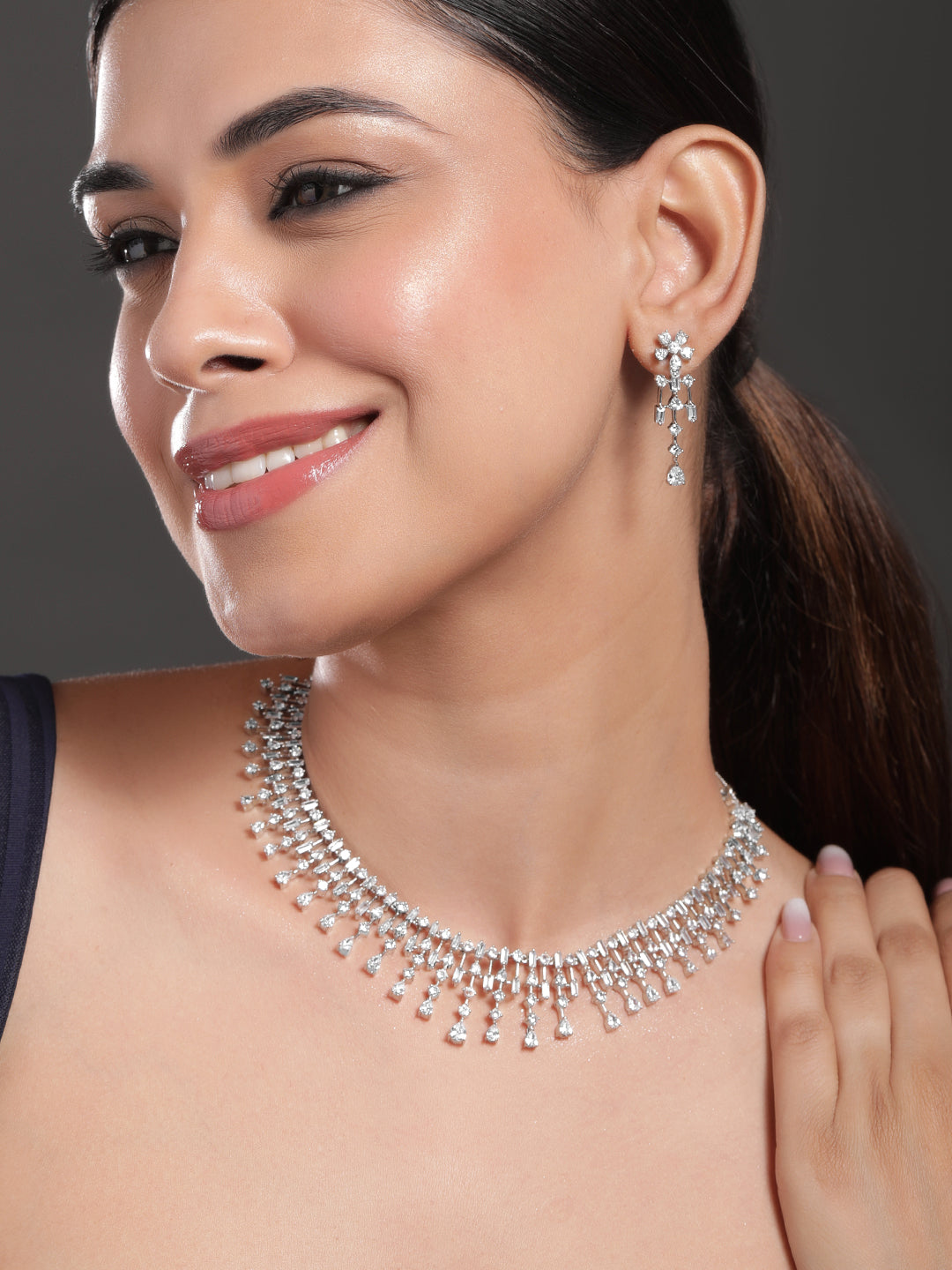 American Diamond Zirconia Necklace Set Silver
