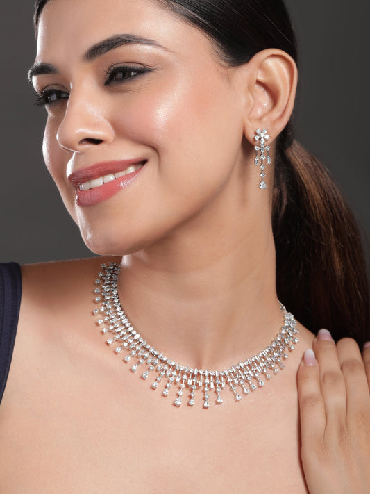 American Diamond Zirconia Necklace Set Silver