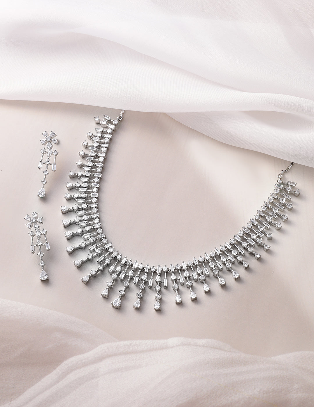 American Diamond Zirconia Necklace Set Silver