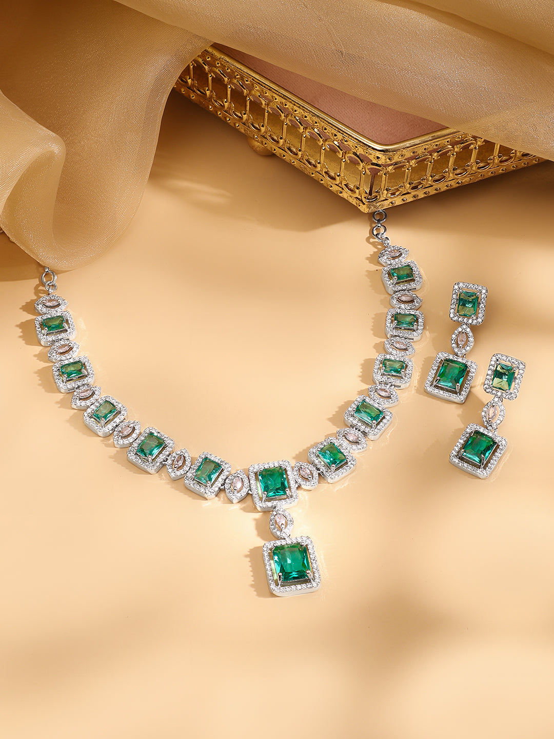 Emerald Cut American Diamond Zirconia Necklace Set フリーサイズ