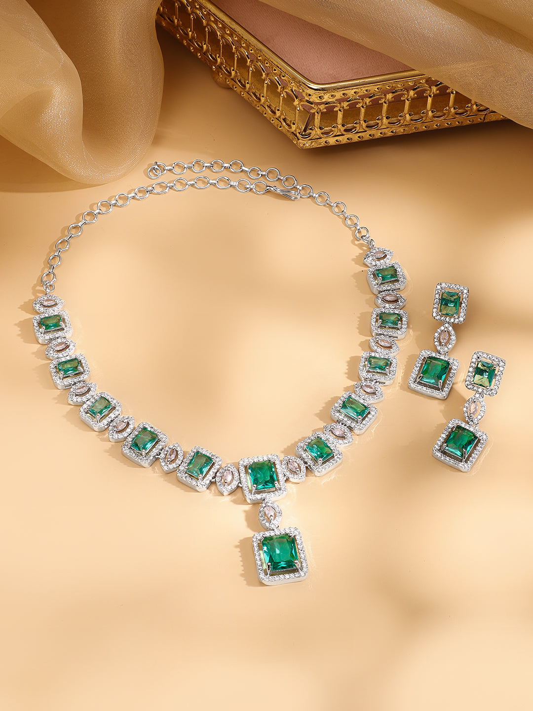 Emerald Cut American Diamond Zirconia Necklace Set フリーサイズ