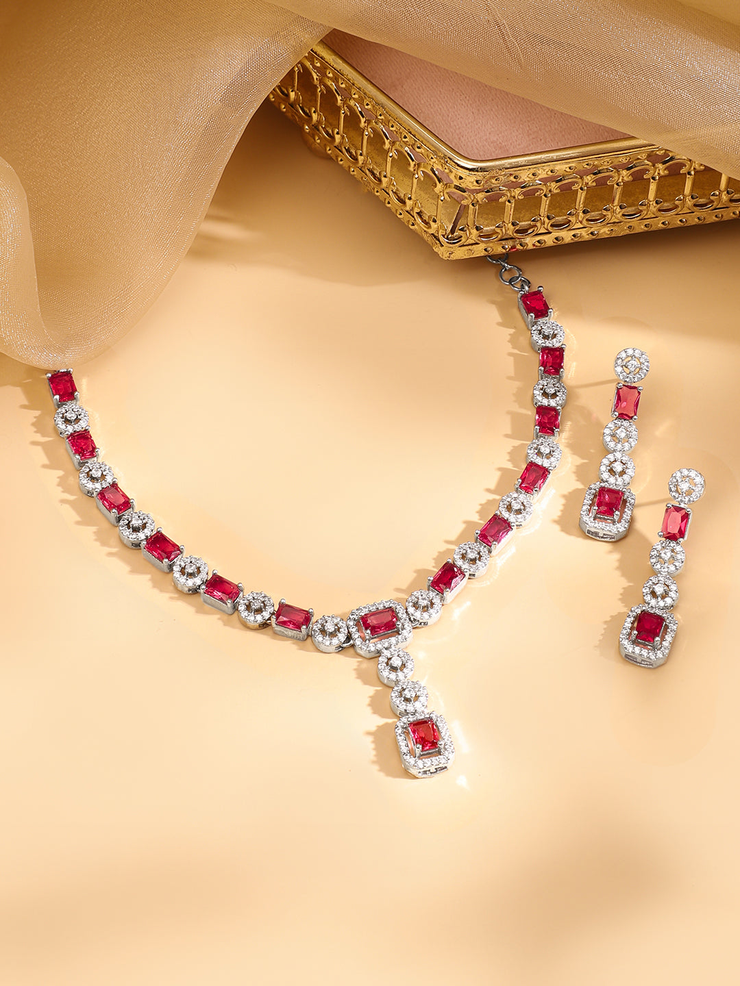Studded American Diamond Zirconia Ruby Necklace Set フリーサイズ