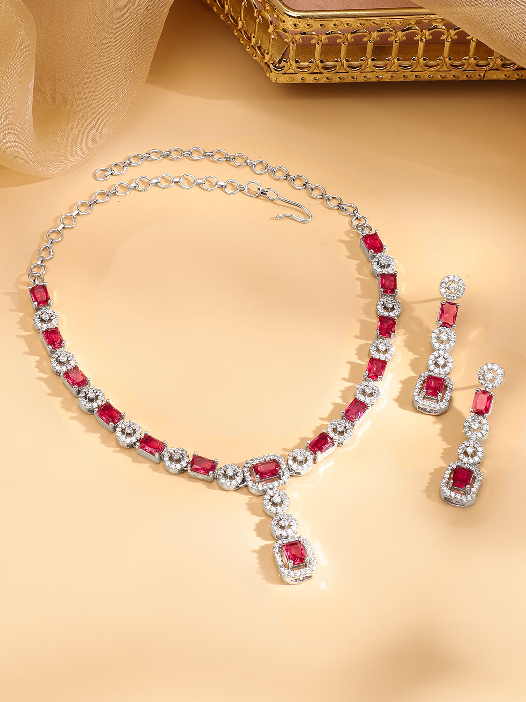 Studded American Diamond Zirconia Ruby Necklace Set フリーサイズ