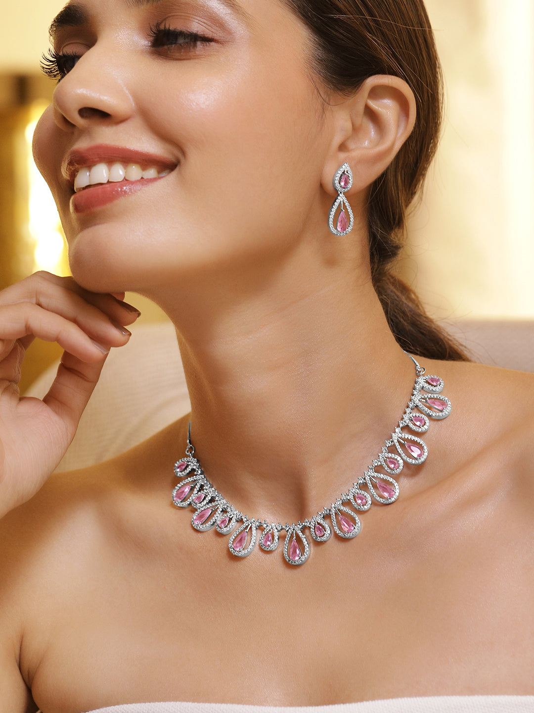 American Diamond Zirconia Purple Drop Necklace Set lavender