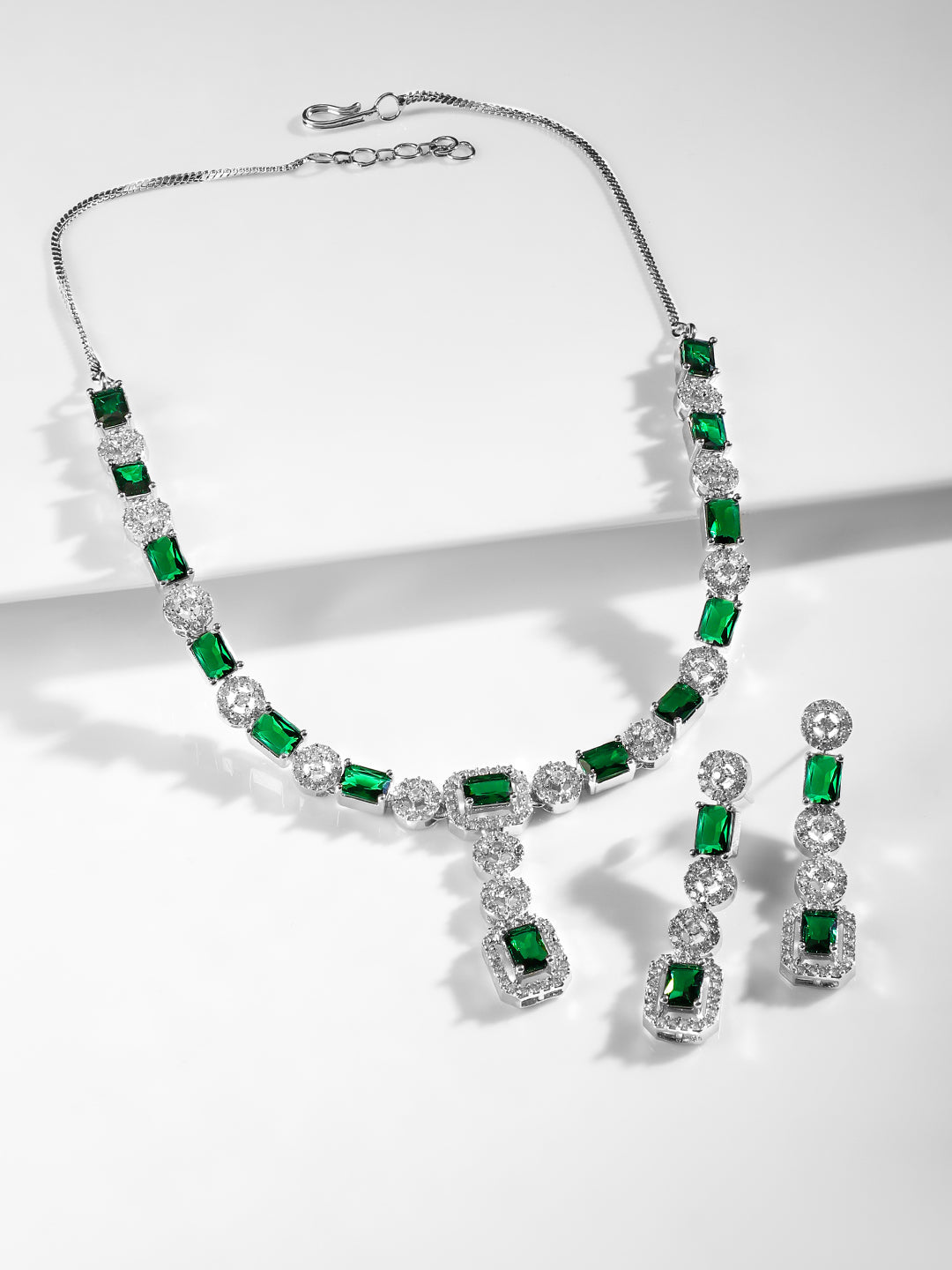 Green & White American Diamond Zirconia Necklace Set Silver
