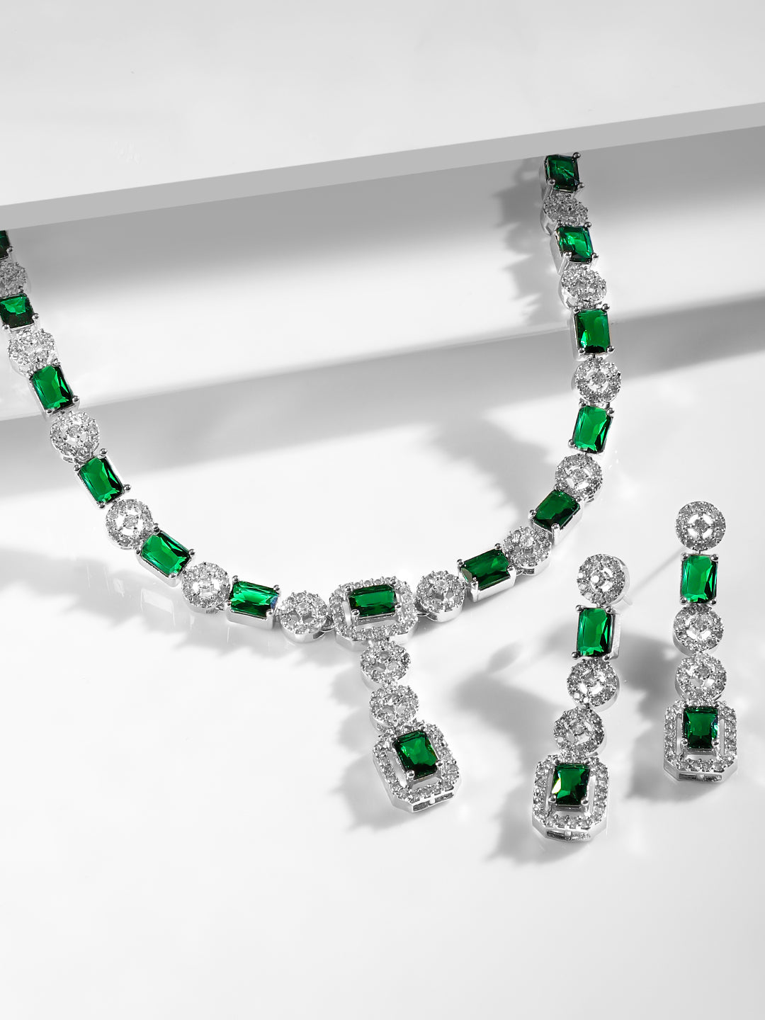 Green & White American Diamond Zirconia Necklace Set Silver