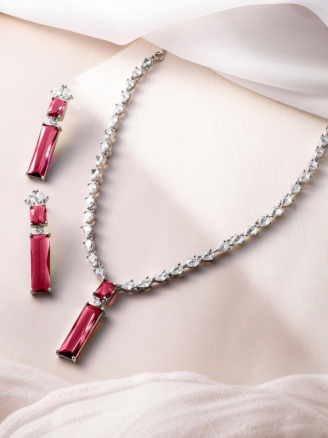 American Diamond Zirconia Sapphire Necklace Set Red