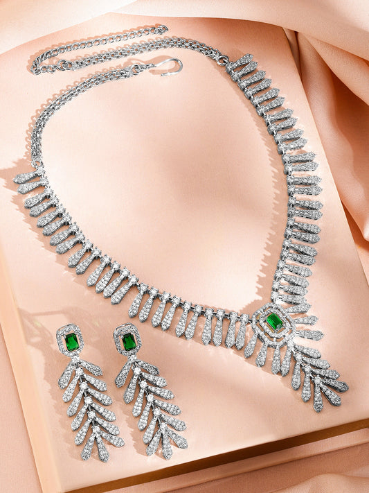 Green Accented American Diamond Zirconia Necklace Set Silver