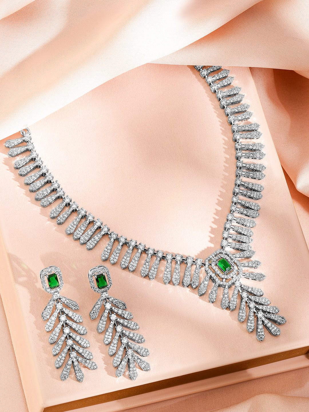Green Accented American Diamond Zirconia Necklace Set Silver