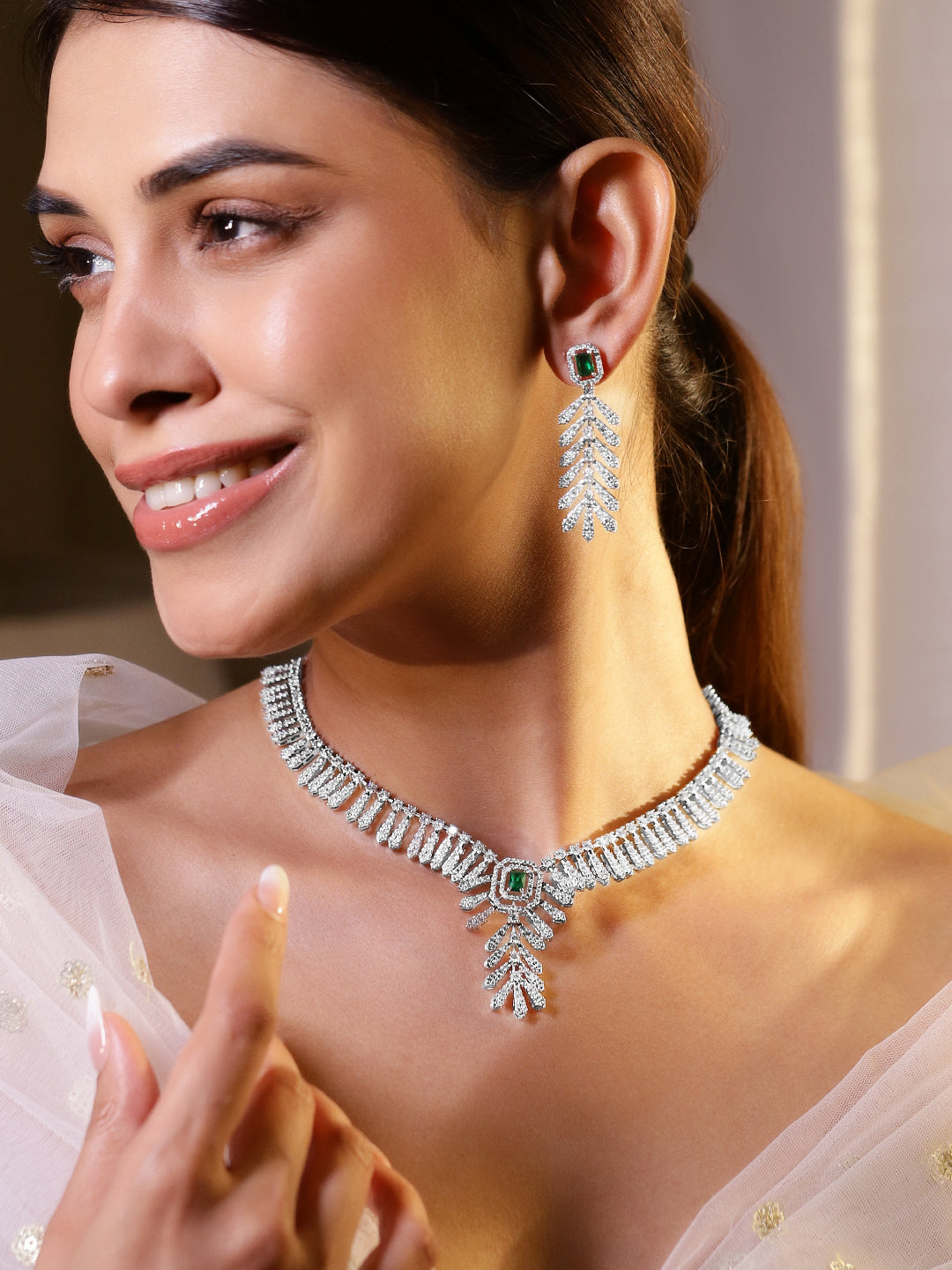 Green Accented American Diamond Zirconia Necklace Set Silver