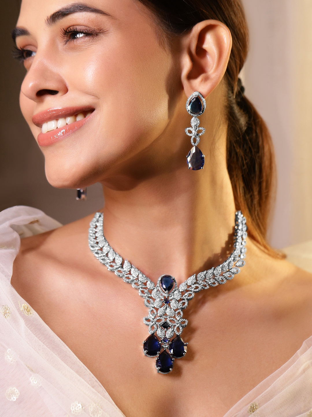 American Diamond Zirconia Blue Floral Necklace Set Silver